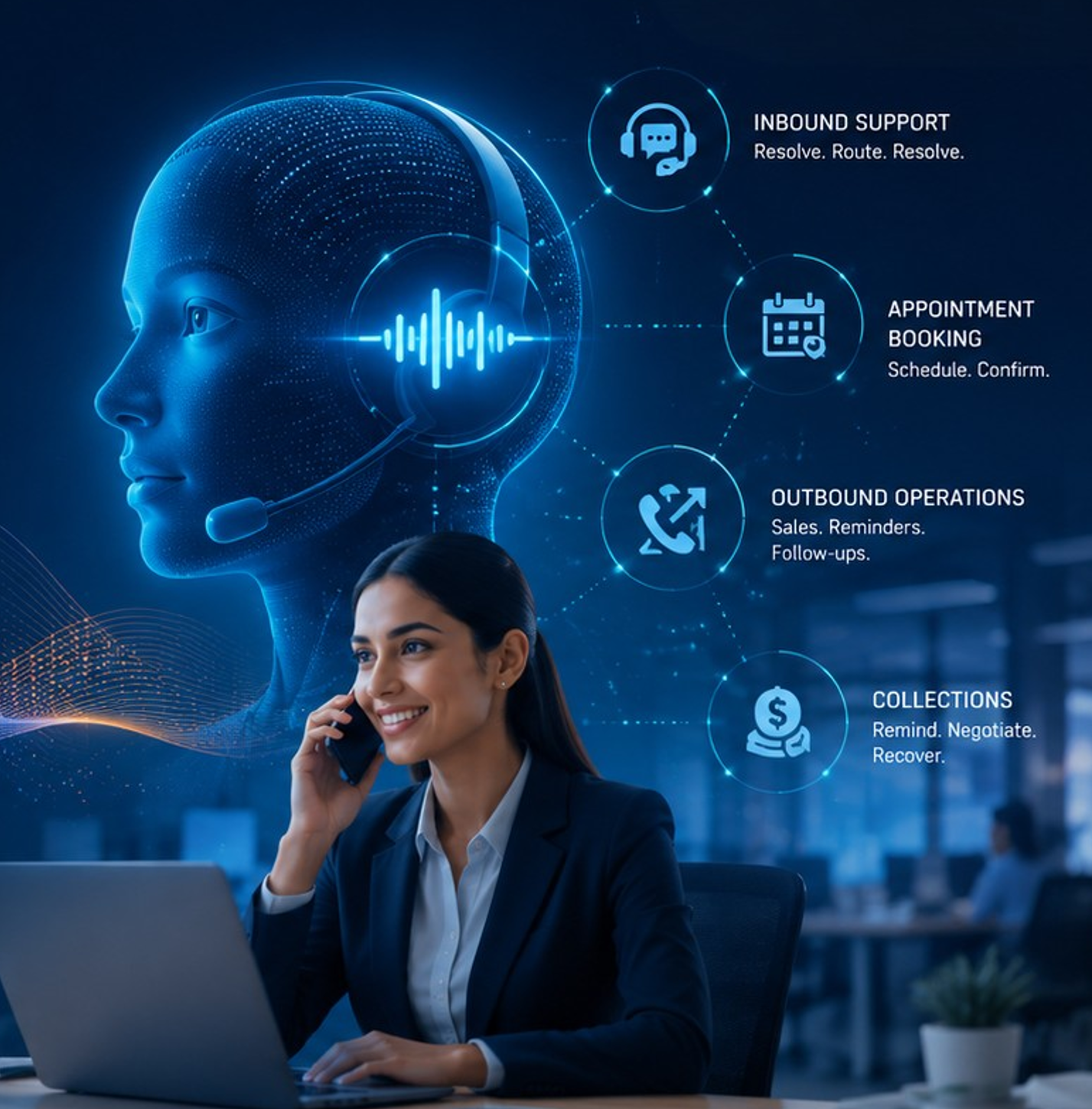 TaskVocal AI voice agent supporting inbound support, appointment booking, outbound operations and collections